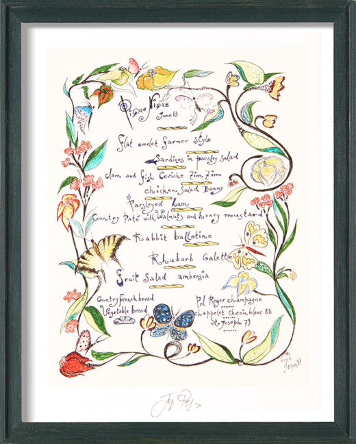 “Le Pique-Nique” framed Jacques Pepin menu print. Individually signed by the chef and artist.