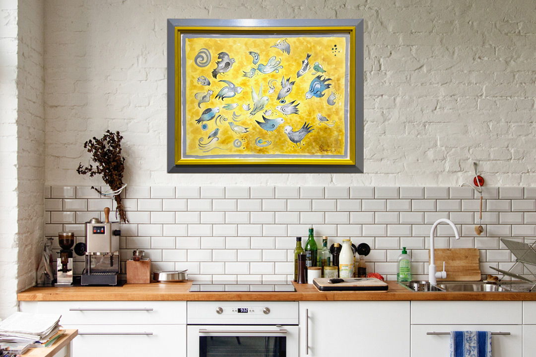 “Les Oiseaux” Original Painting: Jacques Pepin Personal Hand-Rendered Menus. Photo/Illustration in Home Setting. Photo-illustration may include sold original artwork and/or retired limited edition prints.