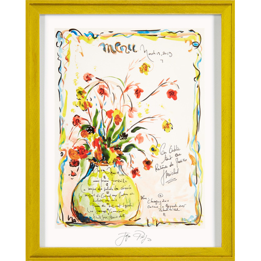 “March 19th” framed Jacques Pepin menu print. Individually signed by the chef and artist.