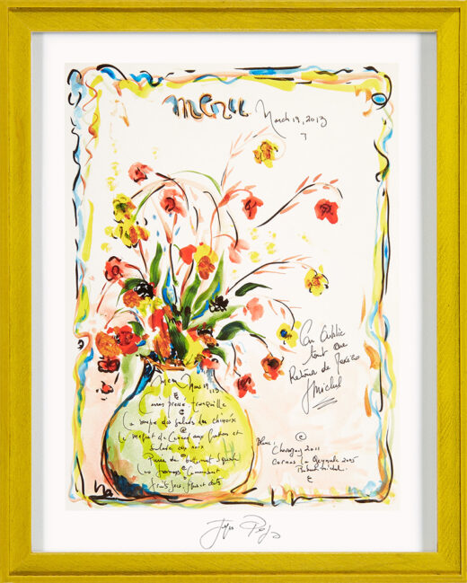 “March 19th” framed Jacques Pepin menu print. Individually signed by the chef and artist.