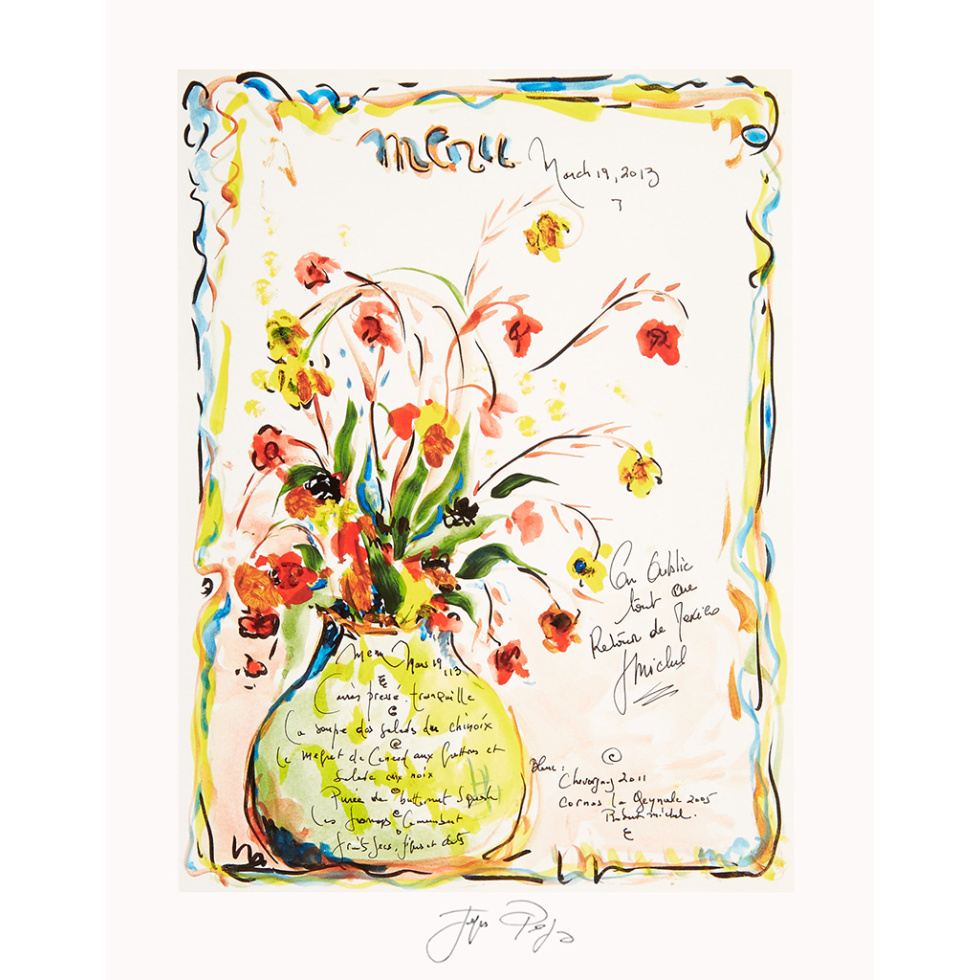 “March 19th” unframed Jacques Pepin menu print. Individually signed by the chef and artist.