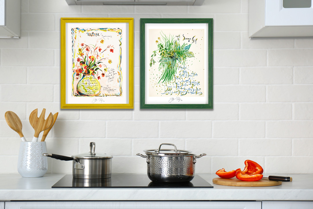 “March 19, 2013” and “Summer Grill” Menu Prints: Jacques Pepin Personal Hand-Rendered Menus. Photo/Illustration in Home Setting. Photo-illustration may include sold original artwork and/or retired limited edition prints.