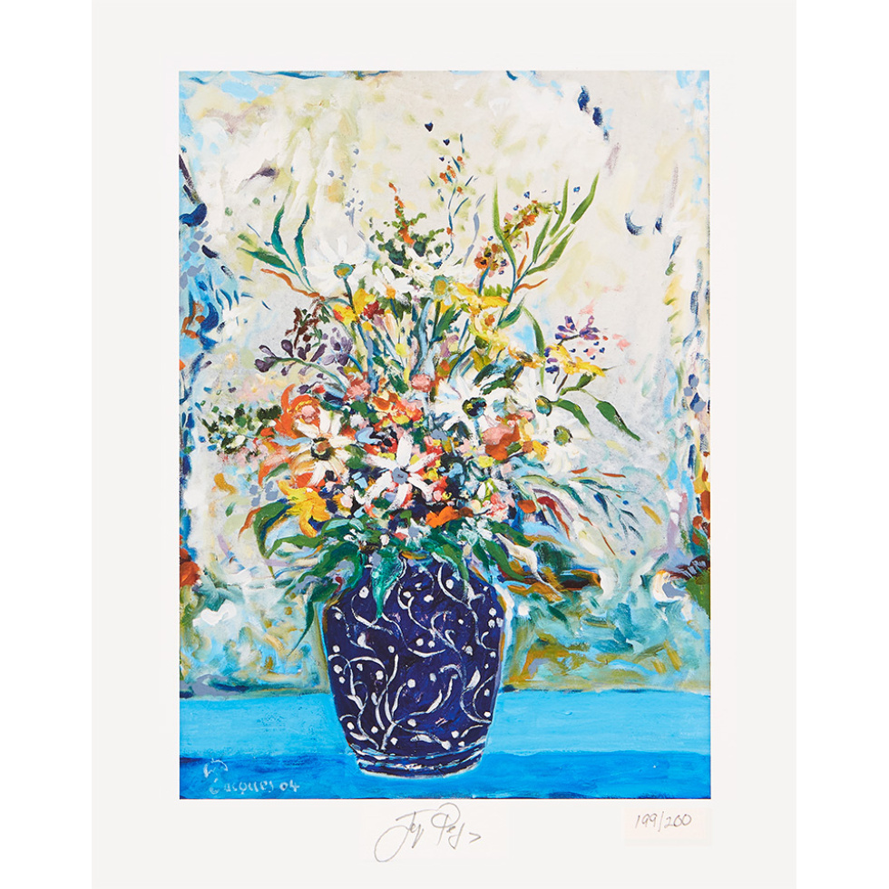 “Patterned Blue Vase” (retired) unframed limited edition Jacques Pepin print. Individually signed and numbered.