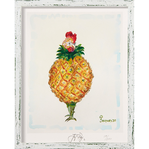 “Pineapple Chix” (retired) framed limited edition Jacques Pepin print. Individually signed and numbered.