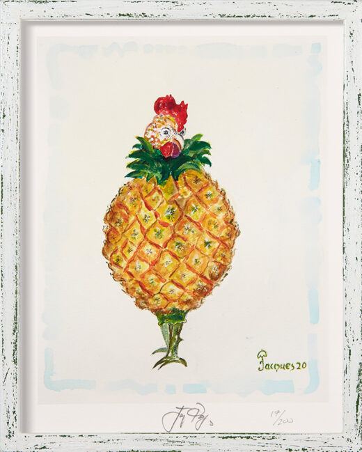 “Pineapple Chix” (retired) framed limited edition Jacques Pepin print. Individually signed and numbered.