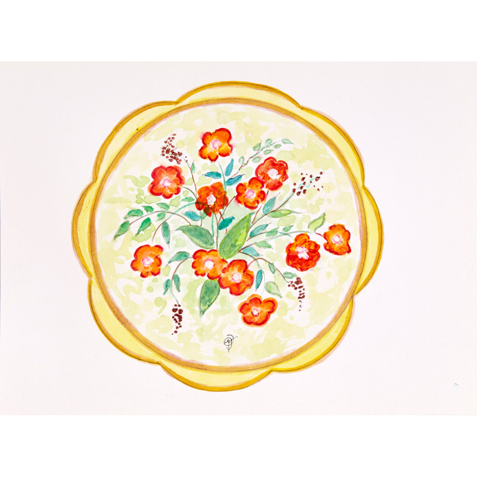 “Plate with Red Flowers” Original Artwork For Sale by Chef and Artist Jacques Pepin