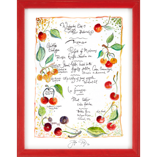 “Pour Deborah” framed Jacques Pepin menu print. Individually signed by the chef and artist.