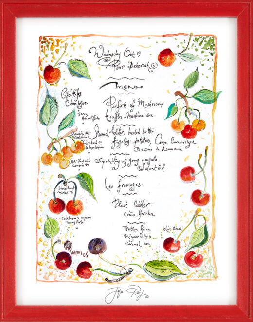 “Pour Deborah” framed Jacques Pepin menu print. Individually signed by the chef and artist.