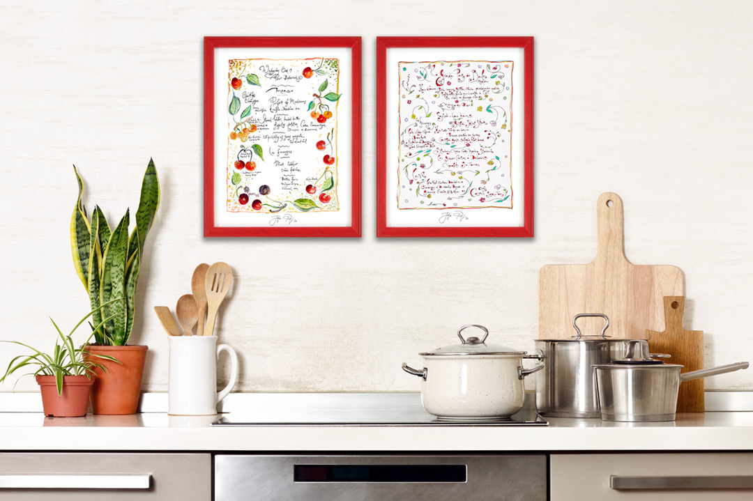 “Pour Deborah” and “Grande Party de Boules”: Jacques Pepin Personal Hand-Rendered Menus. Photo/Illustration in Home Setting. Photo-illustration may include sold original artwork and/or retired limited edition prints.