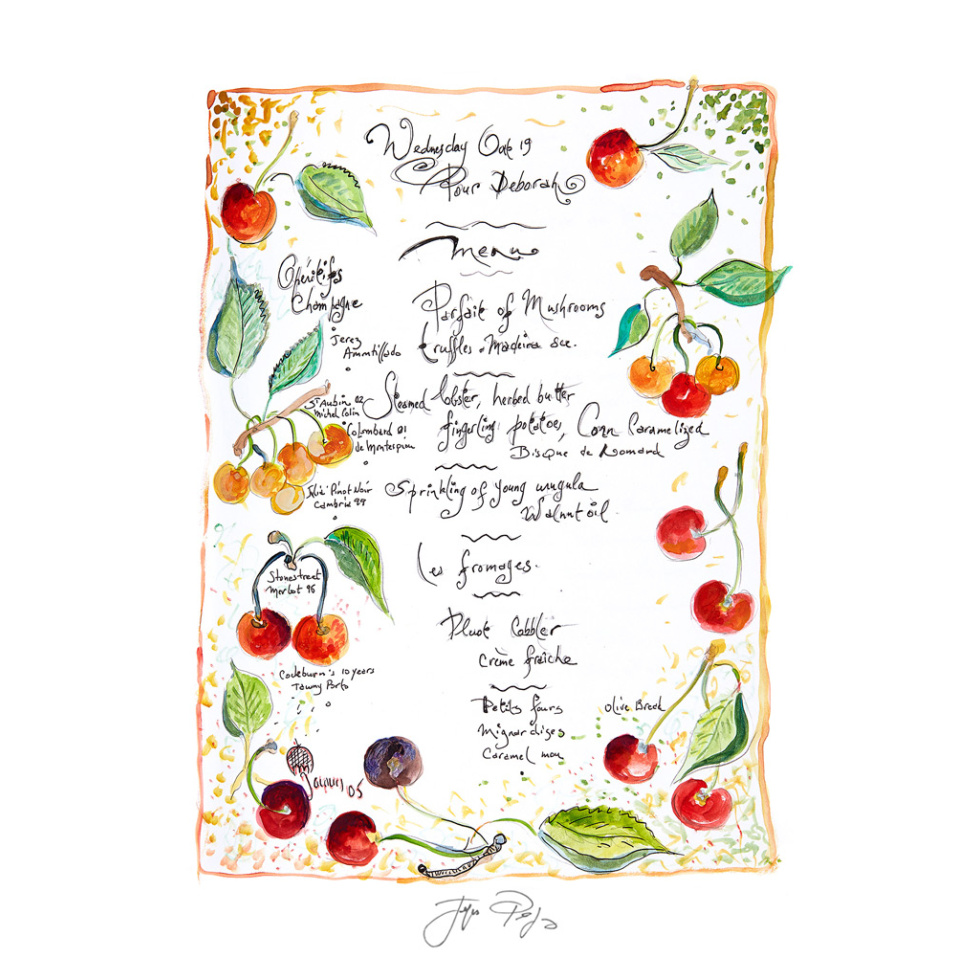 “Pour Deborah” unframed Jacques Pepin menu print. Individually signed by the chef and artist.