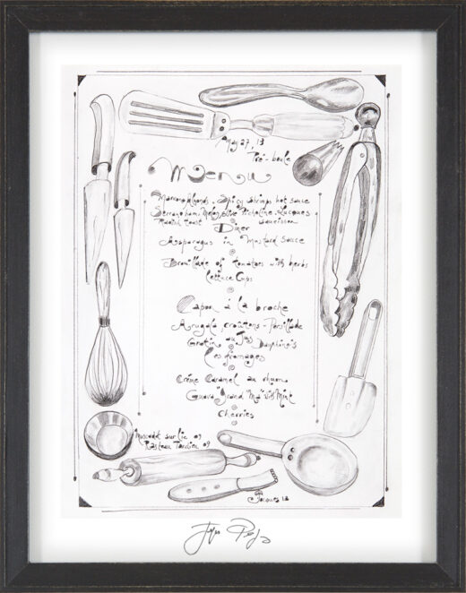 “Pre-Boules” framed Jacques Pepin menu print. Individually signed by the chef and artist.