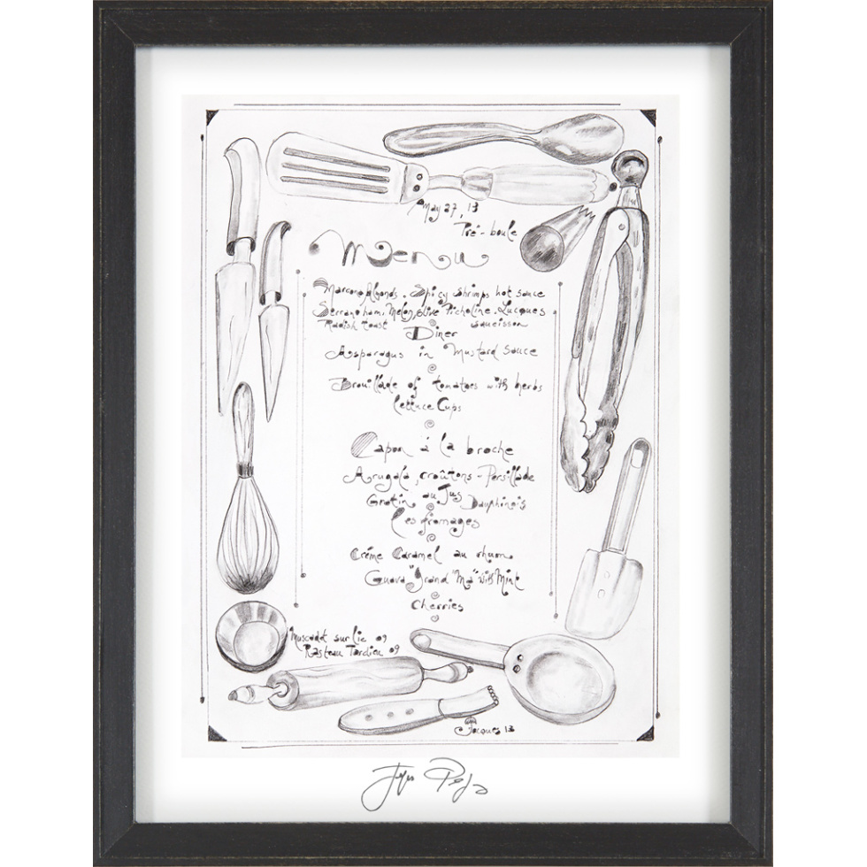 “Pre-Boules” framed Jacques Pepin menu print. Individually signed by the chef and artist.