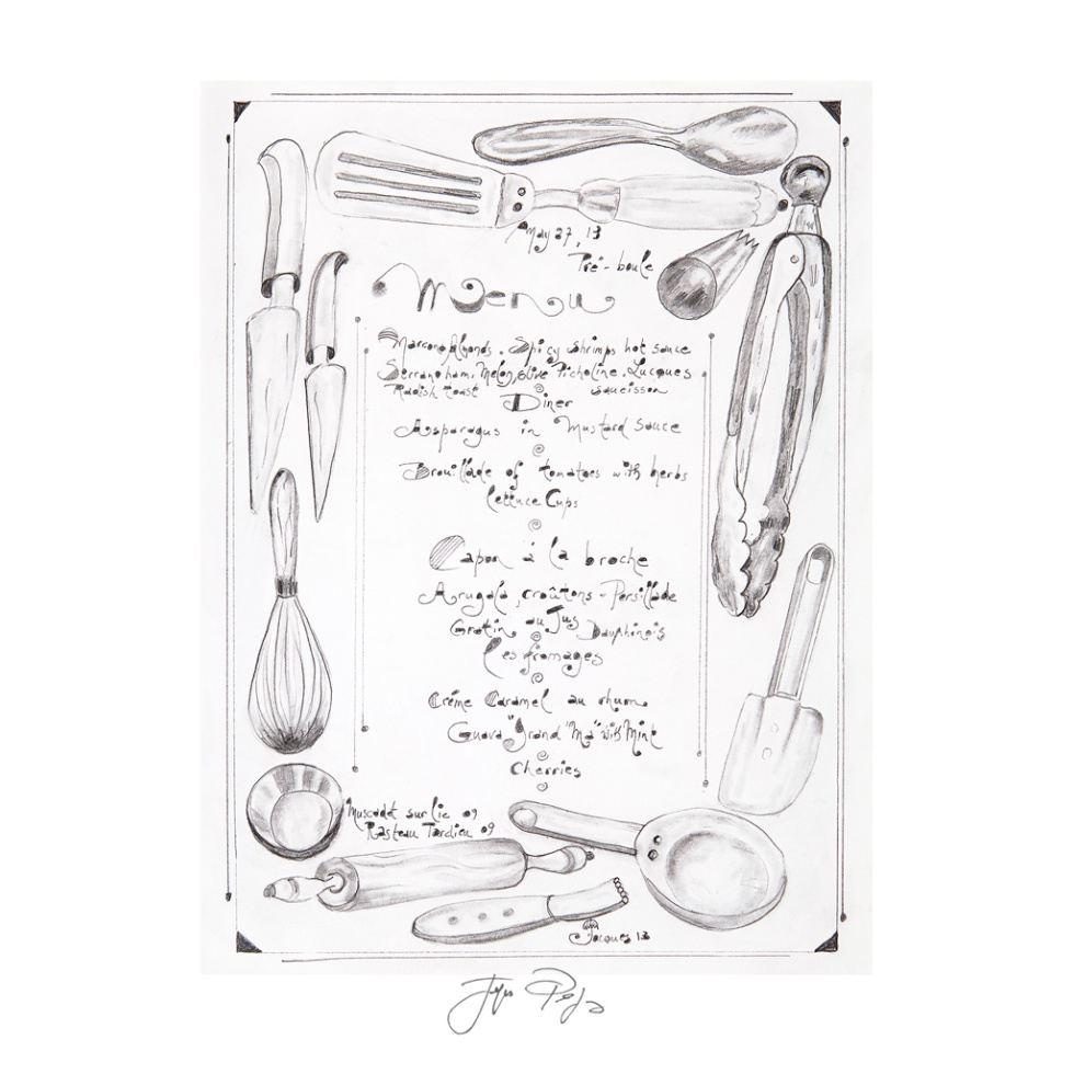 “Pre-Boules” unframed Jacques Pepin menu print. Individually signed by the chef and artist.