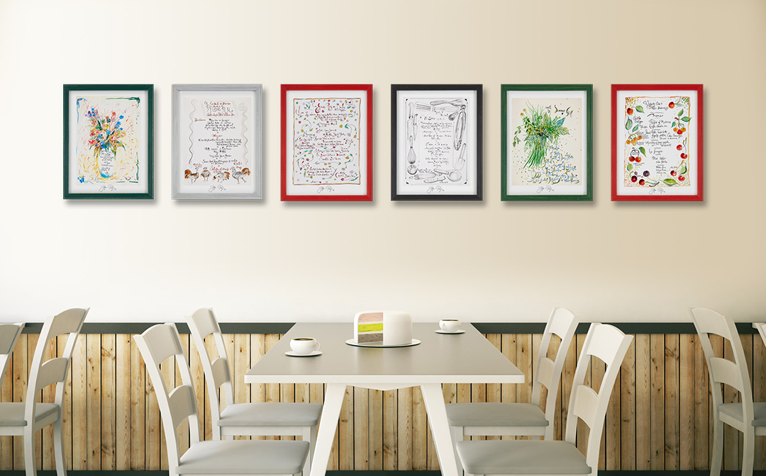 Set of six of Jacques’ personal signed menu prints shown in a photo/illustration example on restaurant, cafe or bistro walls. Note that not all artwork shown may still be available. Photo/illustration may include sold original artwork and/or retired limited edition prints.