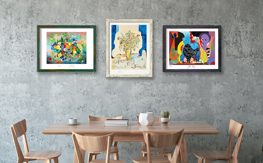 Three of Jacques’ signed and numbered limited edition prints shown in a photo/illustration example on restaurant, cafe or bistro walls. Note that not all artwork shown may still be available. Photo/illustration may include sold original artwork and/or retired limited edition prints.