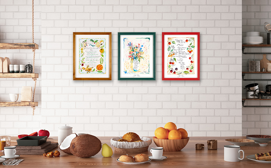 Three of Jacques’ signed menu prints shown in a photo/illustration example on restaurant, cafe or bistro walls. Note that not all artwork shown may still be available. Photo/illustration may include sold original artwork and/or retired limited edition prints.