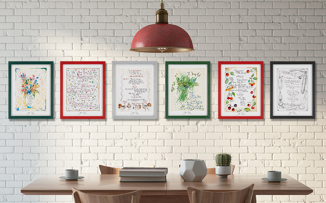 Set of six signed prints of Jacques’ menu art shown in a photo/illustration example on restaurant, cafe or bistro walls. Note that not all artwork shown may still be available. Photo/illustration may include sold original artwork and/or retired limited edition prints.