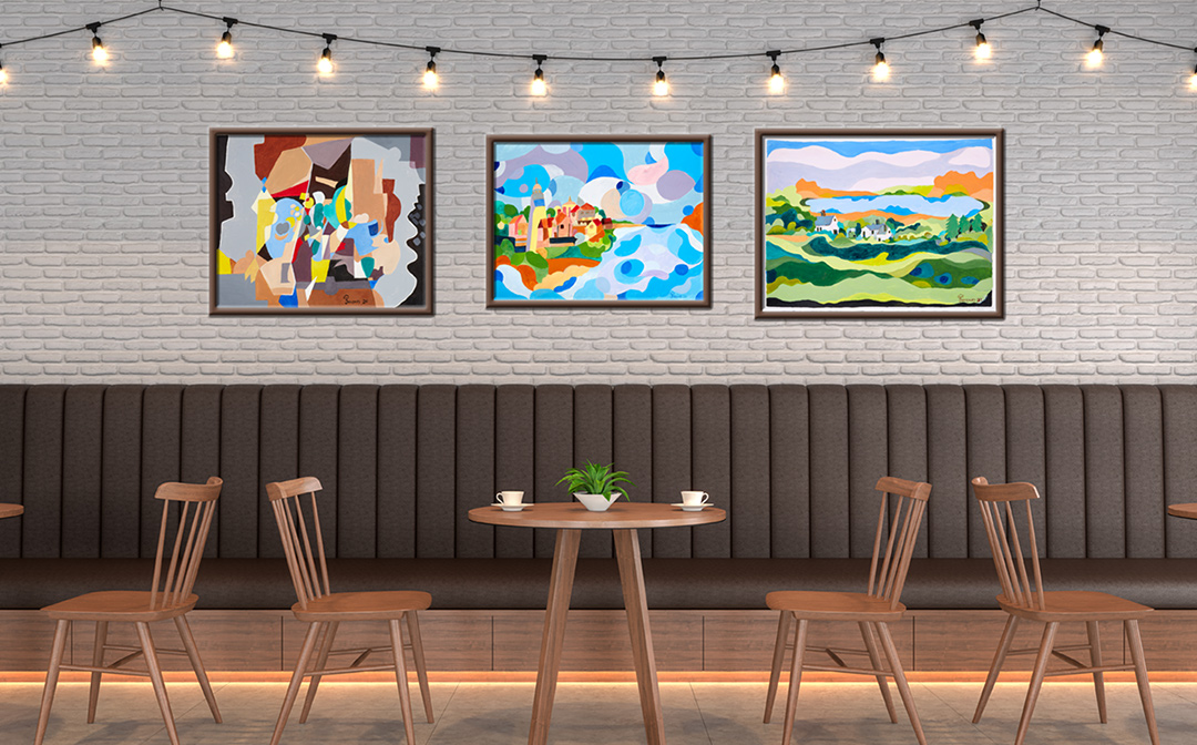 Three examples of Jacques’ original paintings shown in a photo/illustration example on restaurant, cafe or bistro walls. Note that not all artwork shown may still be available. Photo/illustration may include sold original artwork and/or retired limited edition prints.