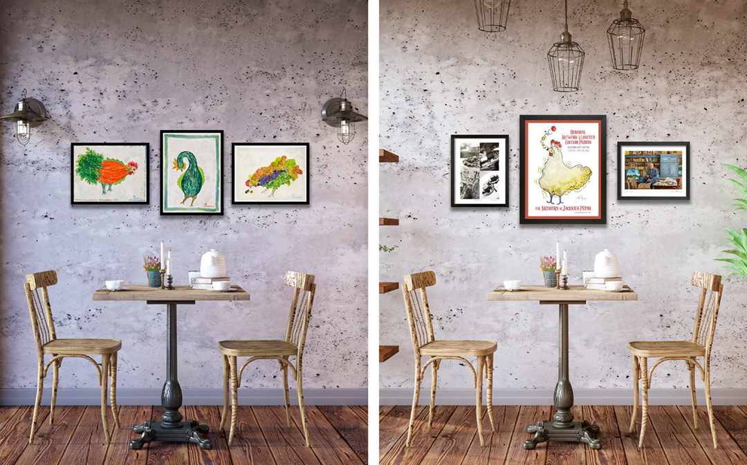 Left: 3 pieces of Jacques’ original artwork. Right: two photographs and “Cocorico” exhibit poster shown in a photo/illustration example on restaurant, cafe or bistro walls. Note that not all artwork shown may still be available. Photo/illustration may include sold original artwork and/or retired limited edition prints.