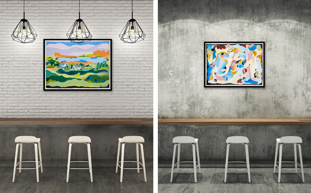 Two original paintings shown in a photo/illustration example on restaurant, cafe or bistro walls. Note that not all artwork shown may still be available. Photo/illustration may include sold original artwork and/or retired limited edition prints.