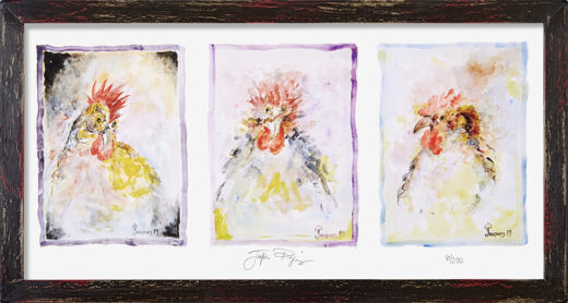 “Untroubled Chicken Chanticleer” framed gallery-size limited edition Jacques Pepin print. Individually signed and numbered.