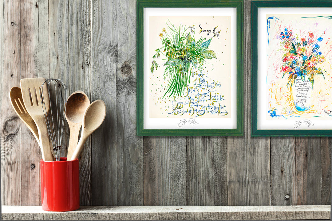 “Summer Grill” and “August 26 Dinner”: Jacques Pepin Personal Hand-Rendered Menus. Photo/Illustration in Home Setting. Photo-illustration may include sold original artwork and/or retired limited edition prints.