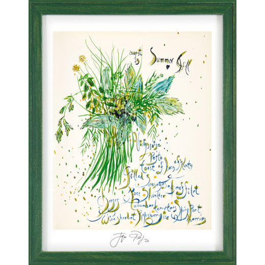“Summer Drill” framed Jacques Pepin menu print. Individually signed by the chef and artist.