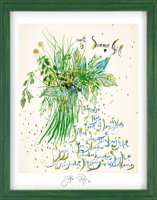 “Summer Drill” framed Jacques Pepin menu print. Individually signed by the chef and artist.