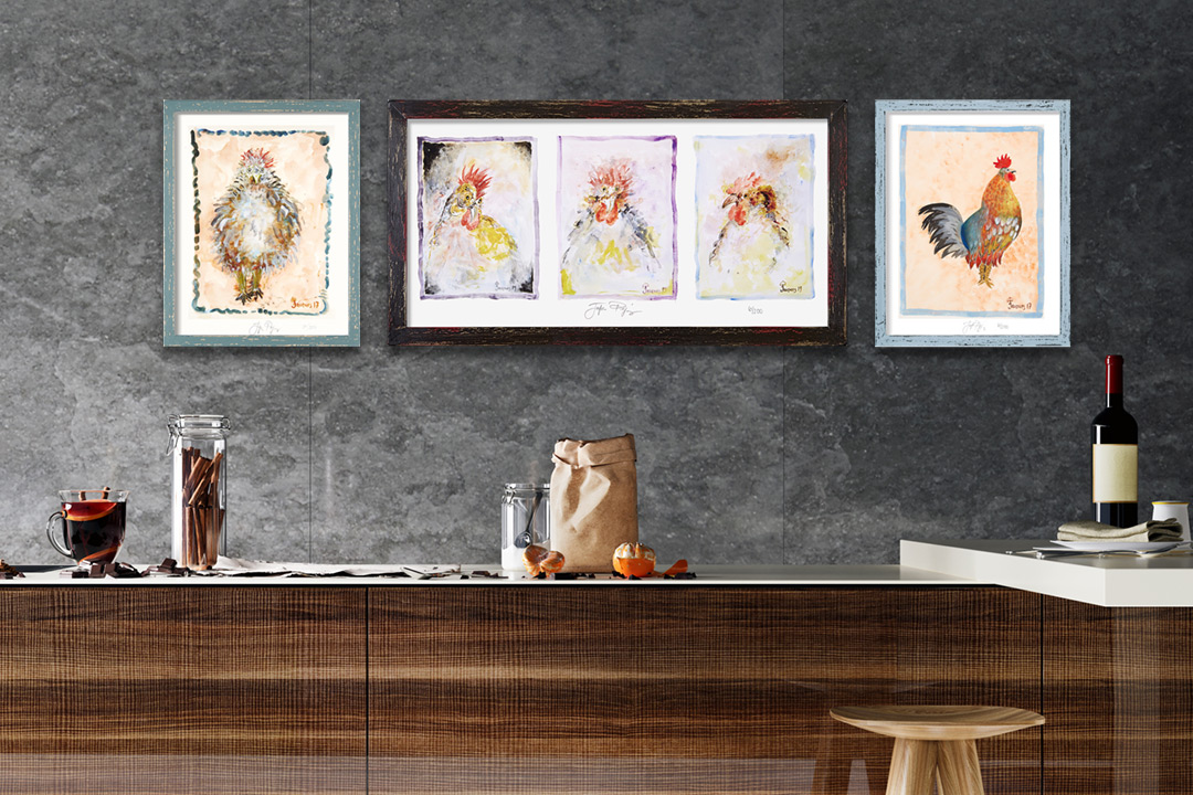 “Tattle Cock,” “Chickens Triptych” and “Hippie Cock” Limited Editions: Jacques Pepin Personal Hand-Rendered Menus. Photo/Illustration in Home Setting. Photo-illustration may include sold original artwork and/or retired limited edition prints.