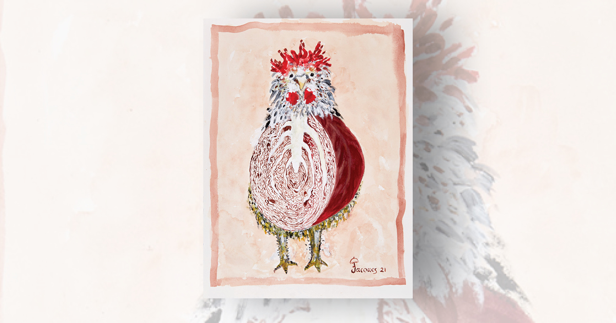 “The Red Cabbage Rooster” (Sold) The Artistry of Jacques Pepin