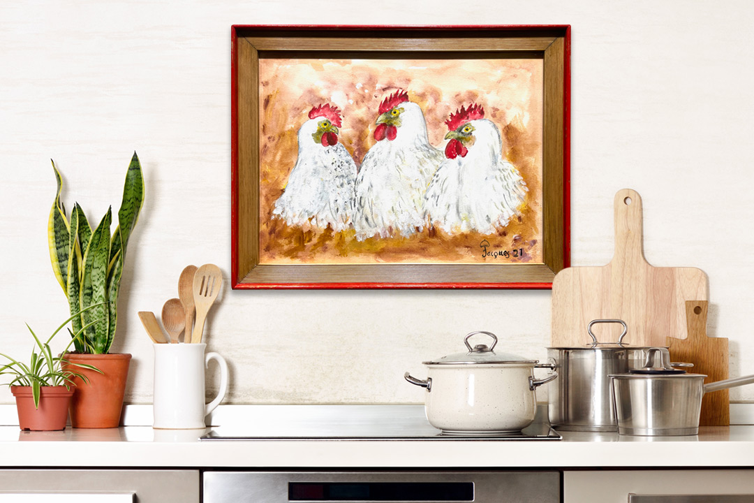 “Three Chickens of Bresse”: Jacques Pepin Personal Hand-Rendered Menus. Photo/Illustration in Home Setting. Photo-illustration may include sold original artwork and/or retired limited edition prints.