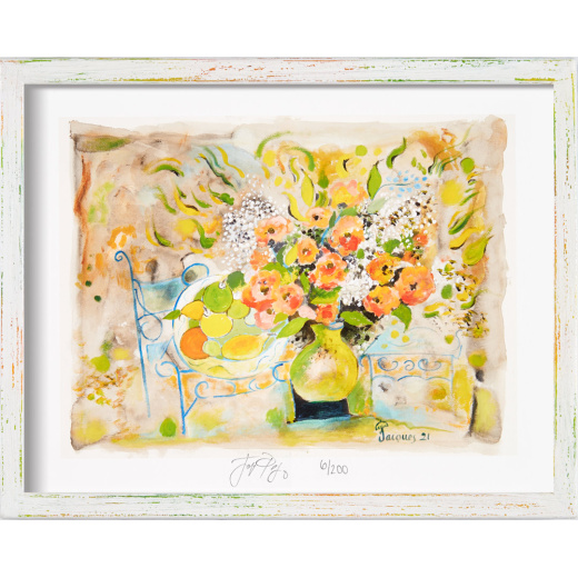 “Flowers and Fruit” is a fine-art giclée print of an original photograph. Each print is individually signed by Jacques’ photographer friend Tom Hopkins. This is the framed version.