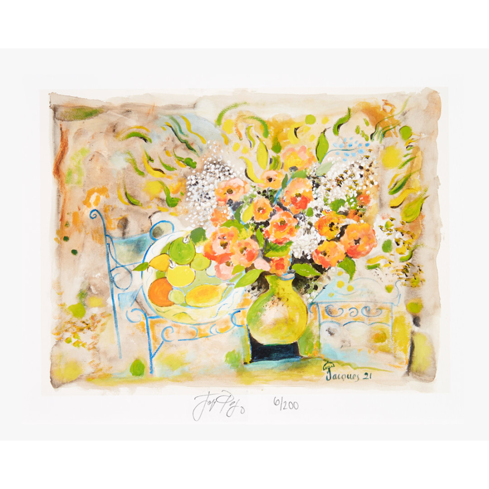“Flowers and Fruit” is a fine-art giclée print of an original photograph. Each print is individually signed by Jacques’ photographer friend Tom Hopkins. This is the unframed version.