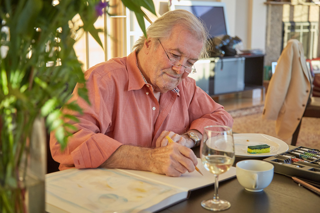 Chef and artist Jacques Pepin at work in his painter’s studio.