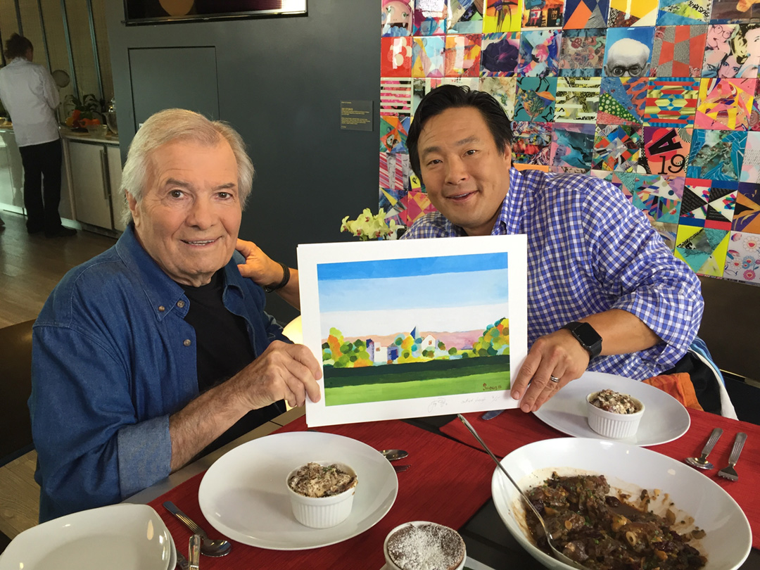 Jacques Pepin and fellow chef Ming Tsai with “Serenity Landscape” a fine art print by Jacques.