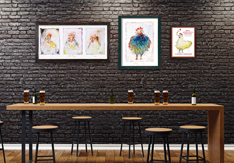 Three Jacques Pepin Gallery-Size Prints on a Restaurant Wall