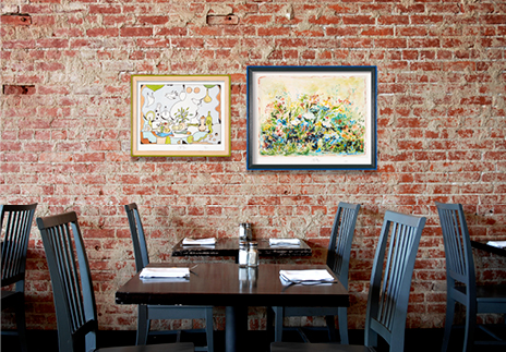 “In My Kitchen No. 2” and “Field of Flowers” Jacques Pepin Gallery-Size Print on a Restaurant Wall