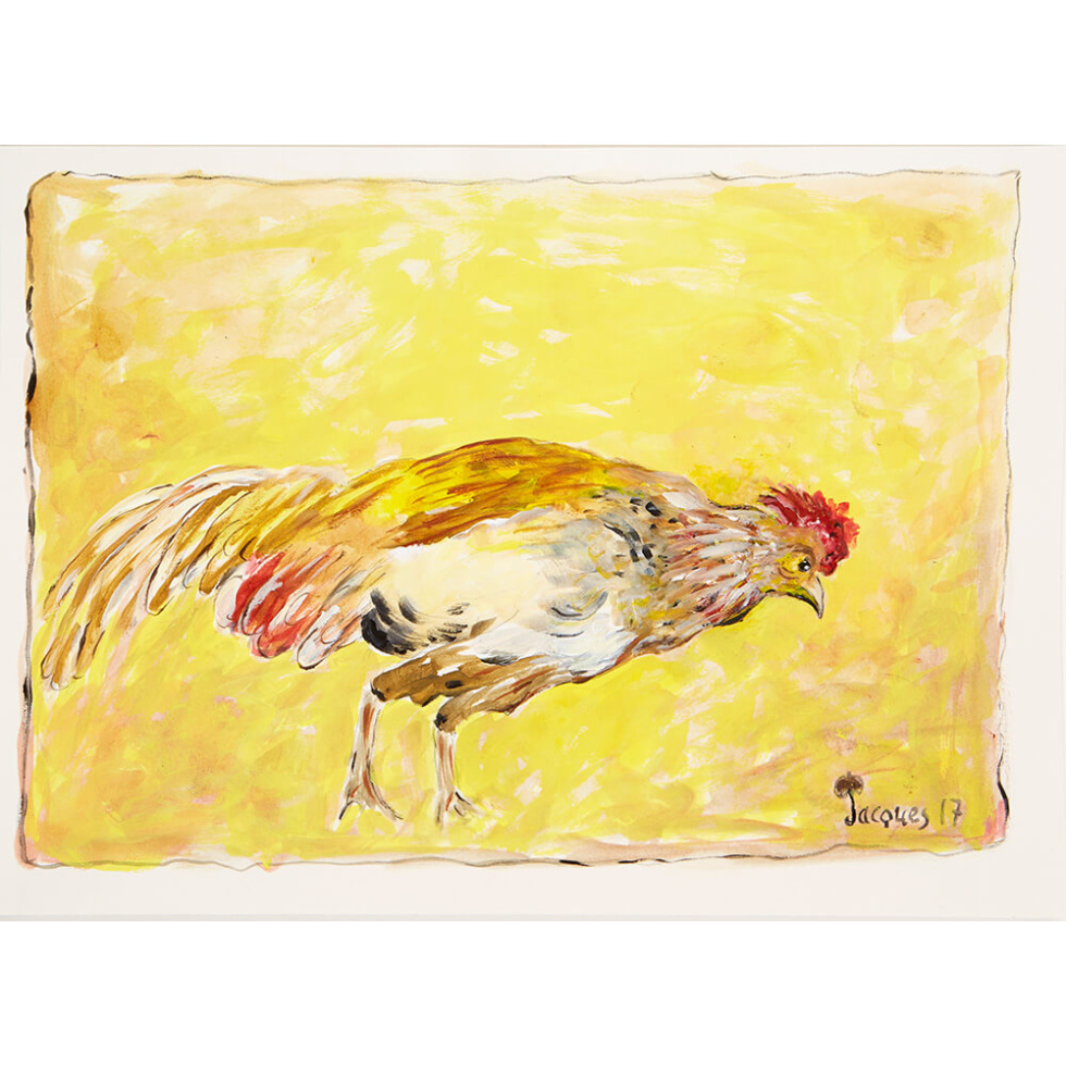 “Angry Chicken” is an original painting by chef and artist Jacques Pepin