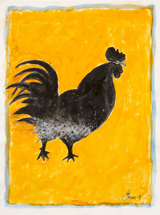 “Black Chix” is an original painting by chef and artist Jacques Pepin