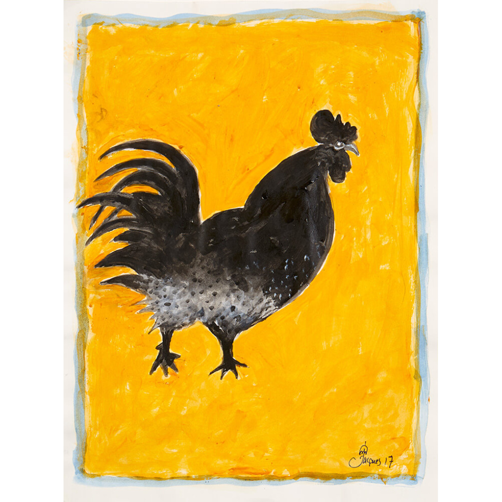 “Black Chix” is an original painting by chef and artist Jacques Pepin