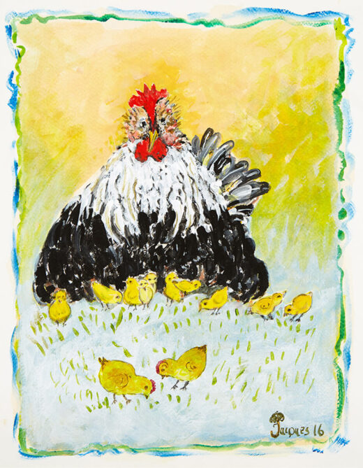 “Black Mother Hen” is an original painting by chef and artist Jacques Pepin