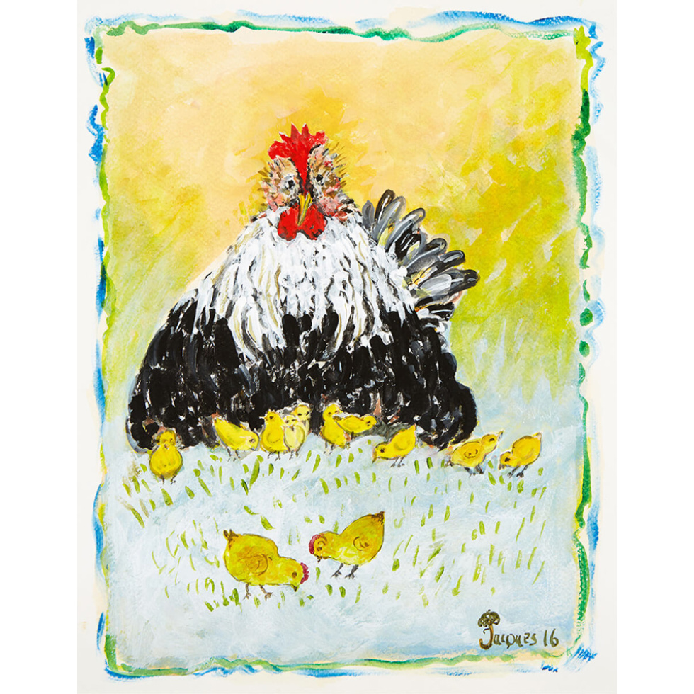“Black Mother Hen” is an original painting by chef and artist Jacques Pepin