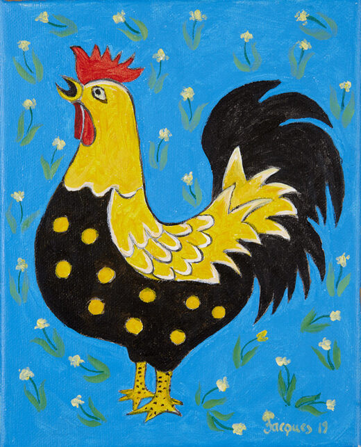 “Black and Yellow Rooster” is an original painting by chef and artist Jacques Pepin