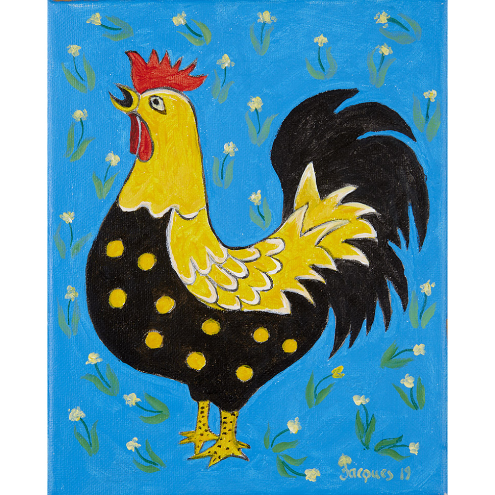 “Black and Yellow Rooster” is an original painting by chef and artist Jacques Pepin