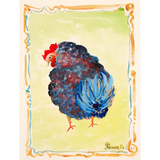 “Blue Chicken” is an original painting by chef and artist Jacques Pepin