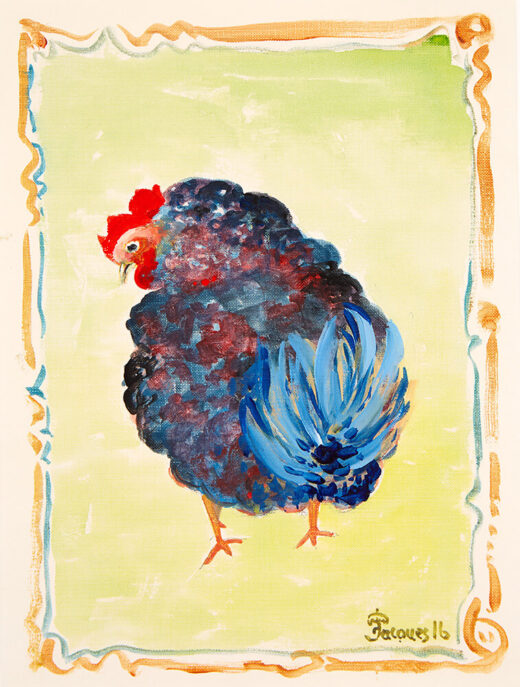 “Blue Chicken” is an original painting by chef and artist Jacques Pepin