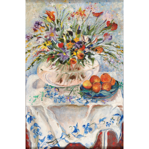 “Blue Flowers and Tablecloth” is an original painting by chef and artist Jacques Pepin