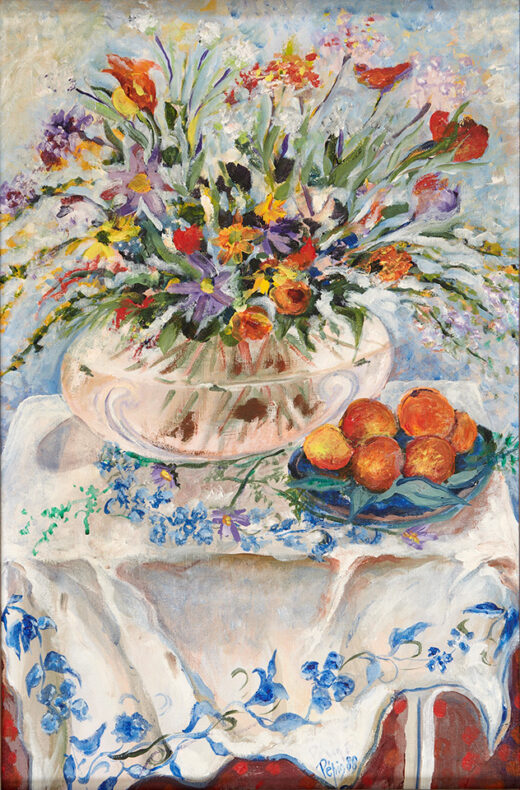 “Blue Flowers and Tablecloth” is an original painting by chef and artist Jacques Pepin