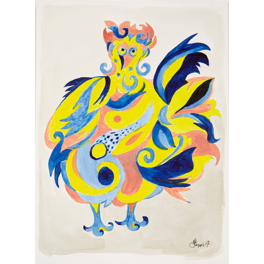 “Ceremonial Rooster” is an original painting by chef and artist Jacques Pepin