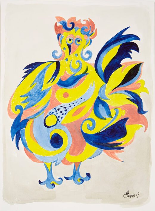 “Ceremonial Rooster” is an original painting by chef and artist Jacques Pepin